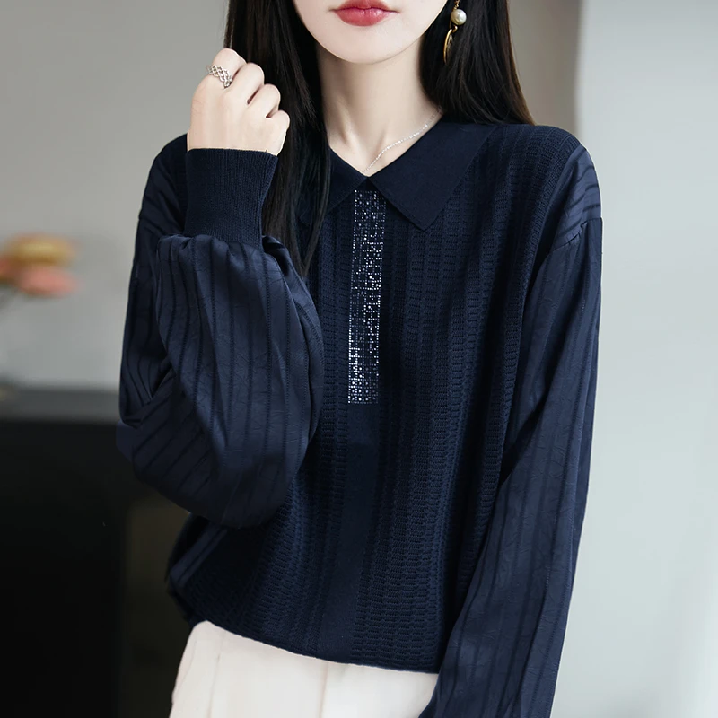 Polo领上衣女秋装大码拼接长袖针织衫宽松显瘦百搭春秋薄款打底衫