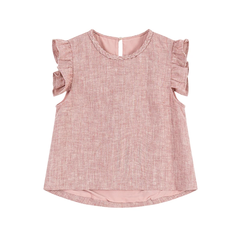 无艳一禾【蜜桃冰沙】小众编织领木耳边小飞袖苎麻粉上衣