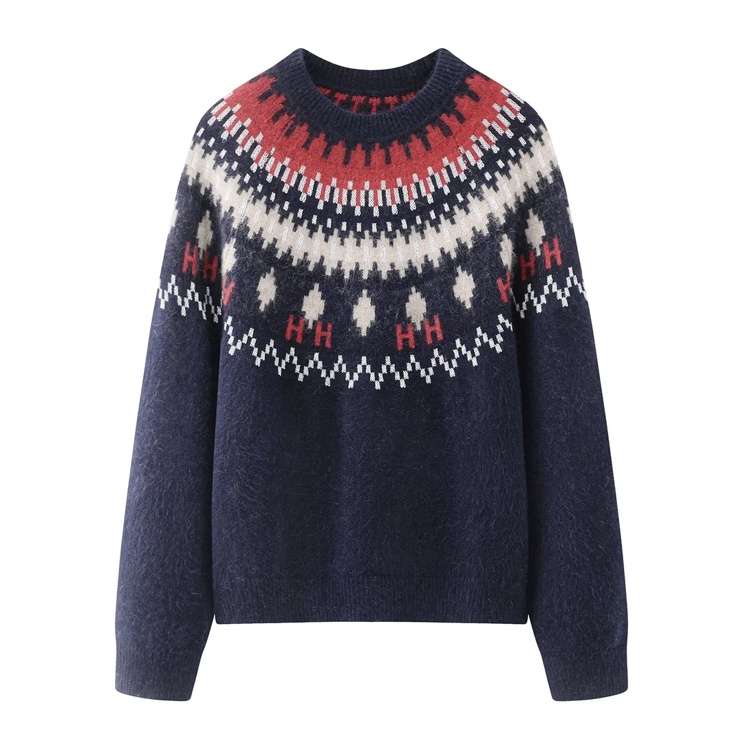 【海琴薇】2025冬季新款费尔岛圆领女长袖宽松复古套头毛衣J0595