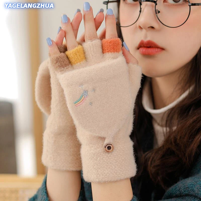 韩版手套冬季骑行保暖防寒女生可爱露指毛线学生写字半指翻盖手套