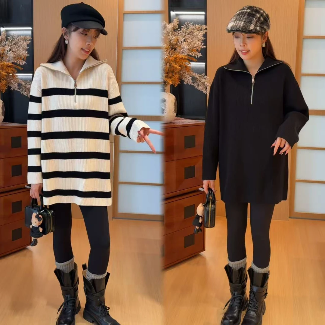 二姐的宝藏秋冬韩系慵懒风半拉链翻领针织条纹长袖毛衣#25407