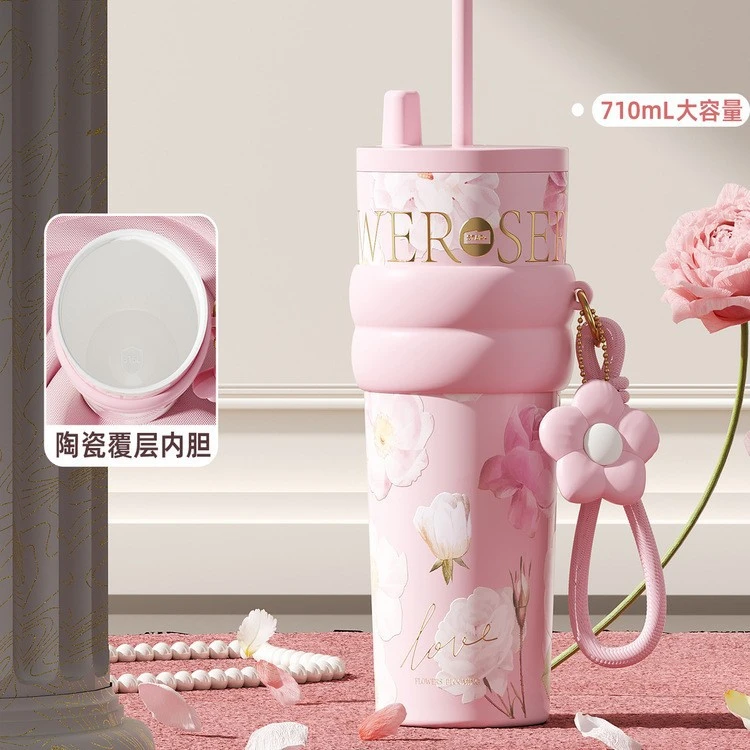 2025世大家同款繁花内陶瓷316保温杯吸管杯高颜值车载便携提手杯
