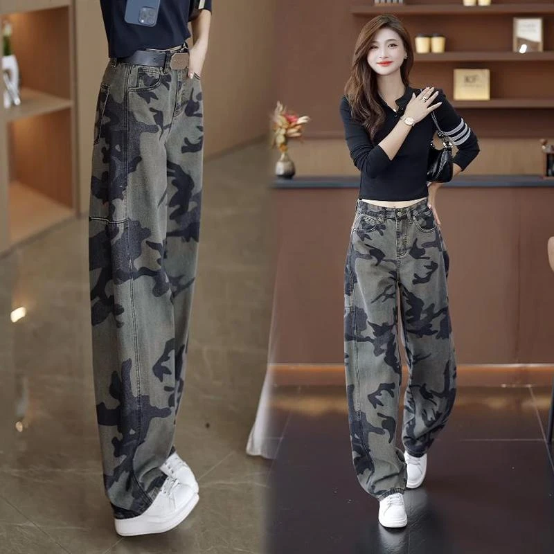 美式复古牛仔裤女2025新款春秋迷彩弯刀裤抗皱不鼓包百搭显瘦裤子