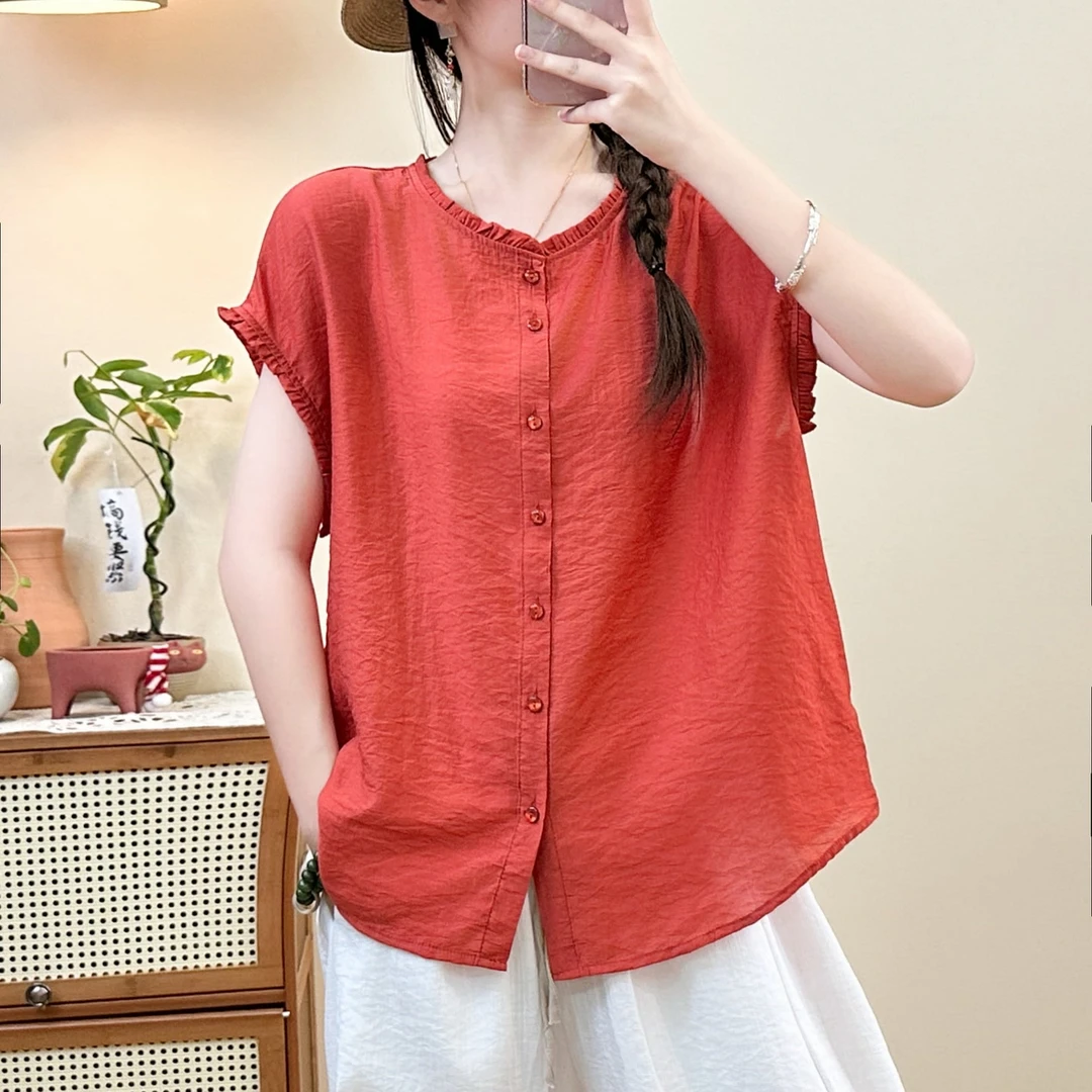 10410新款夏季文艺木耳边圆领减龄气质衬衫QZ