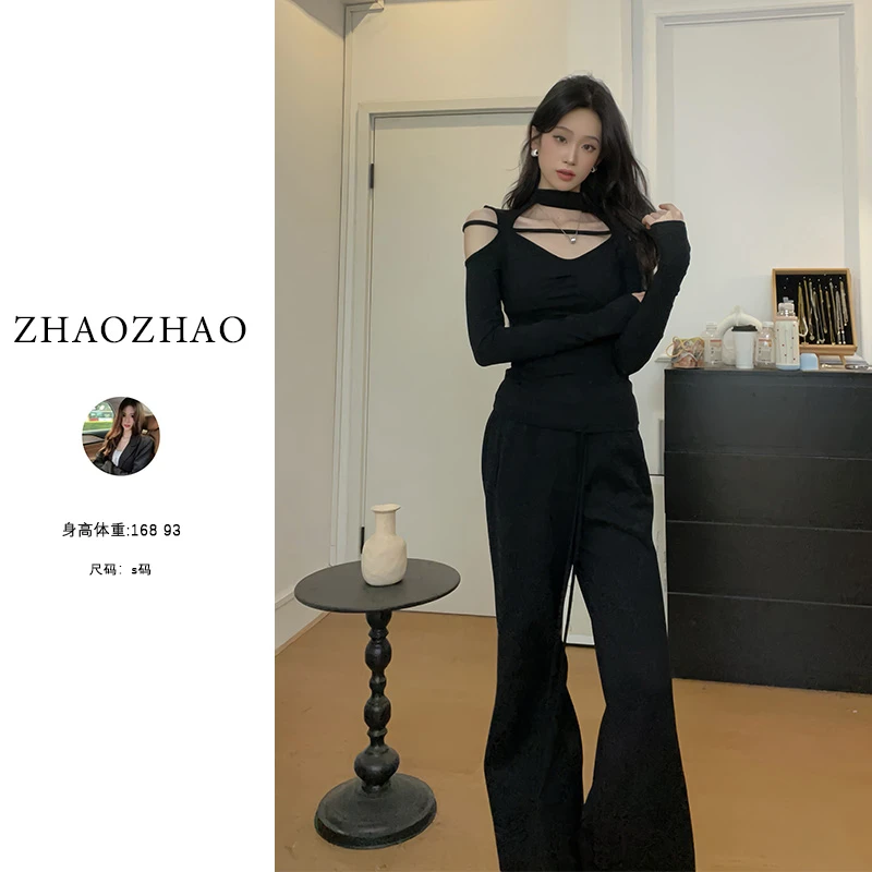 黑色镂空打底恤2024秋冬新款小众设计感修身内搭上衣