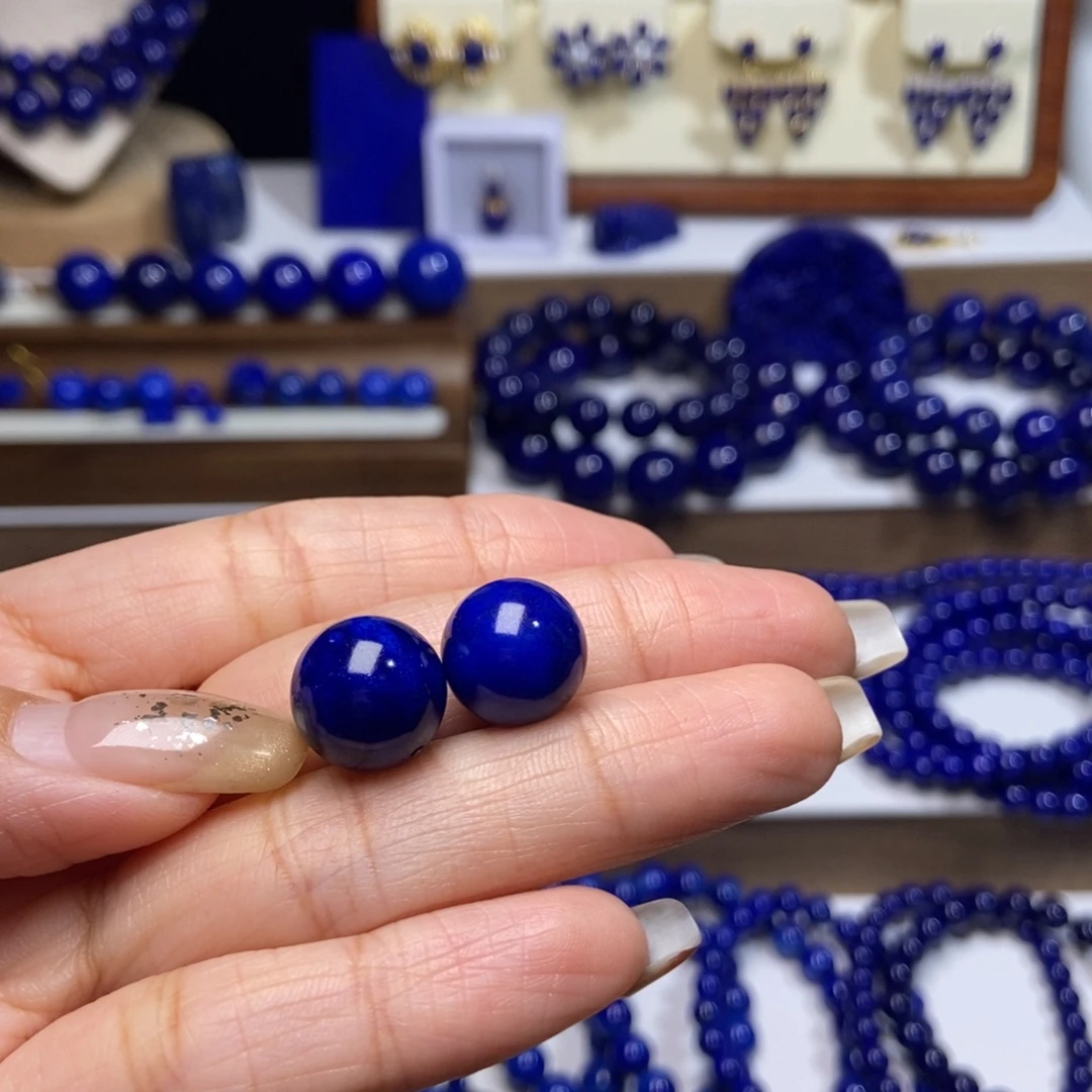 队***人青金石未镶嵌老矿高品对珠12mm+