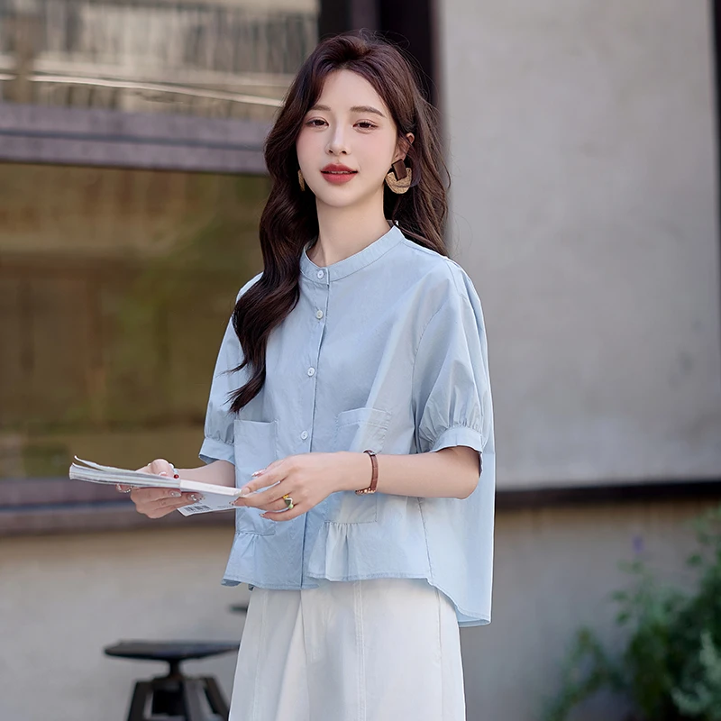 天蓝色短袖衬衫女2025夏季新款宽松荷叶边大口袋小立领上衣