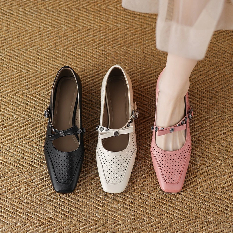 头层牛皮~春夏时尚法式镂空洞洞单鞋女方头低跟粉色平底玛丽珍鞋