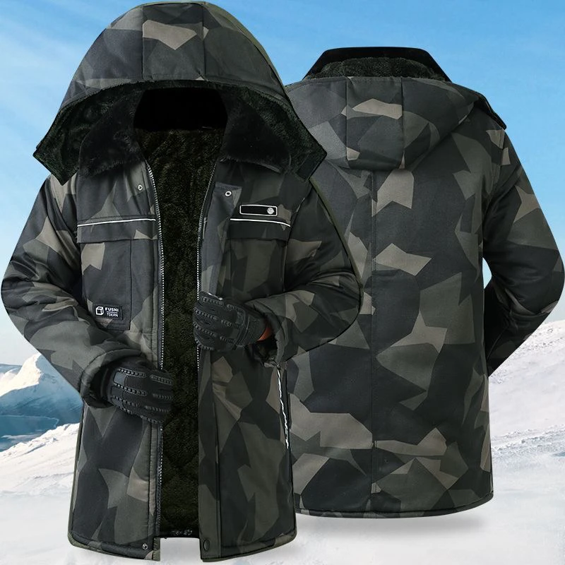 冬季加绒加厚防水防寒中长款迷彩棉袄冷库保暖棉服干活户外棉大衣