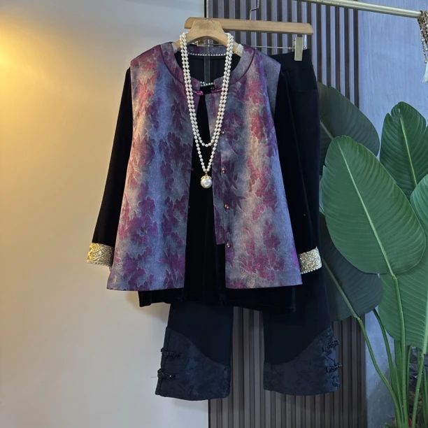 新中式轻奢国风大码女装时尚复古提花马甲民族风宽松重工气质休闲