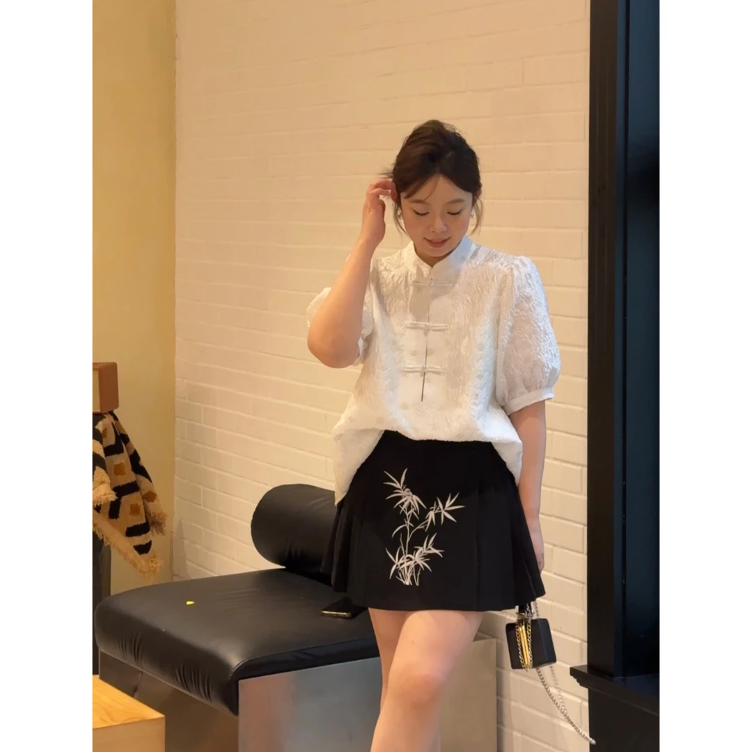 晶咕【竹影山月】夏季新中式中国风竹子印花高腰短裙显瘦半身裙