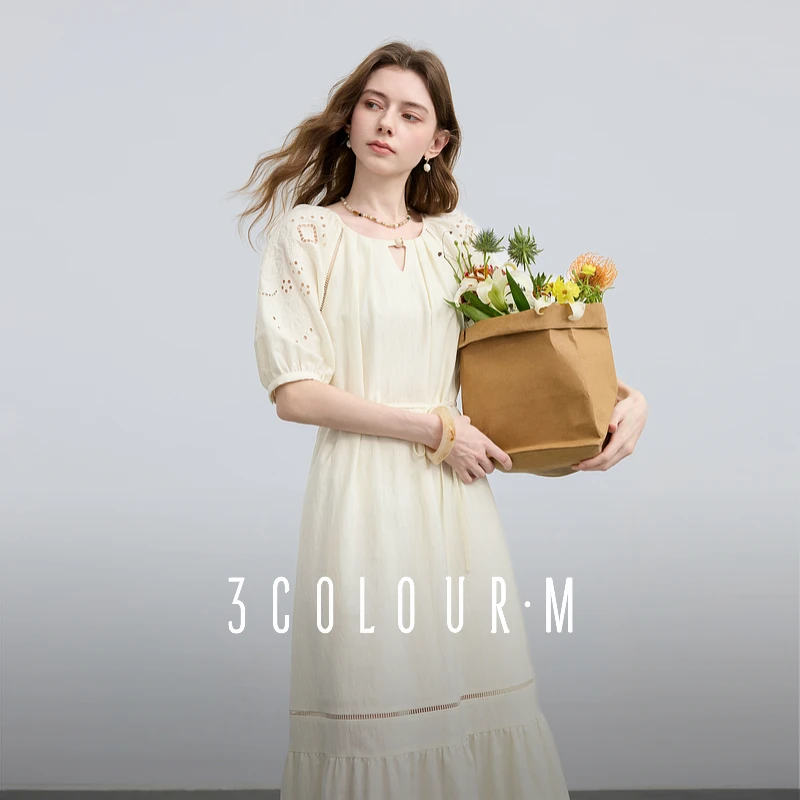 三彩2025夏季新款镂空刺绣连衣裙圆领灯笼袖A字裙宽松长裙女M