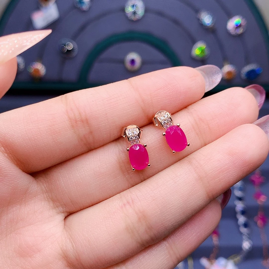 红宝石耳饰银S925镶嵌