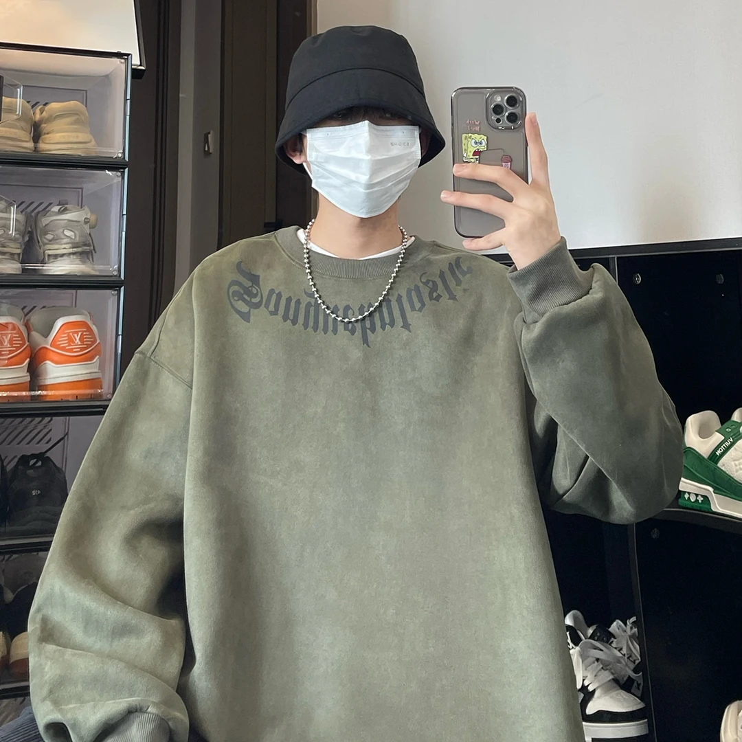 特大码300斤美式高街男女款仿麂皮绒卫衣圆领2025年重磅潮牌外套