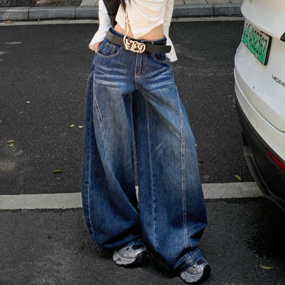 美式高街深蓝色弯刀牛仔裤女2025秋季新款遮胯显瘦廓形宽松阔腿裤