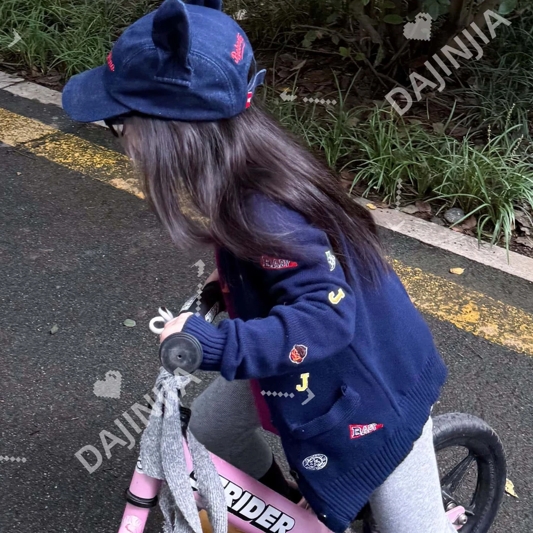 大金定制满印刺绣卡通贴布藏青色V领重工男女童轻奢针织开衫外套