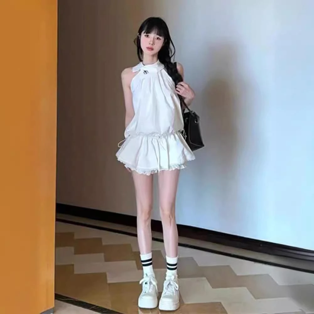 甜美减龄简约气质套装女夏季挂脖设计感上衣收腰蓬蓬半身裙两件套