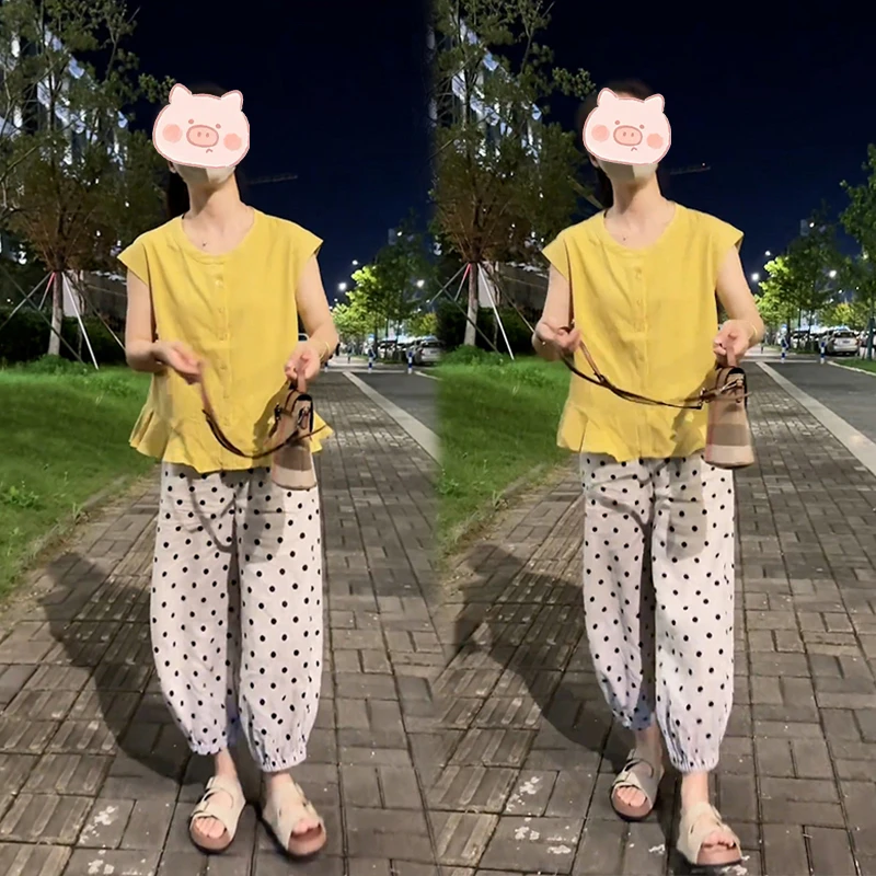休闲简约甜美俏皮背心上衣女2025年夏季波点阔腿裤时尚两件套