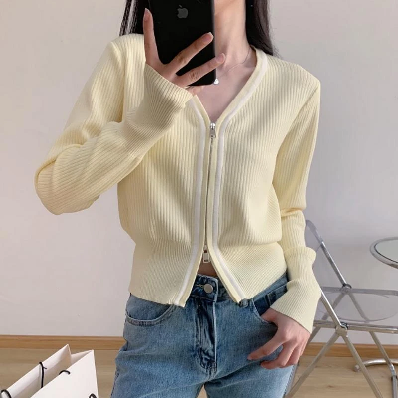 杜拉妮针织衫女拉链开衫秋装2025年新秋季v领显瘦上衣秋款针织衫