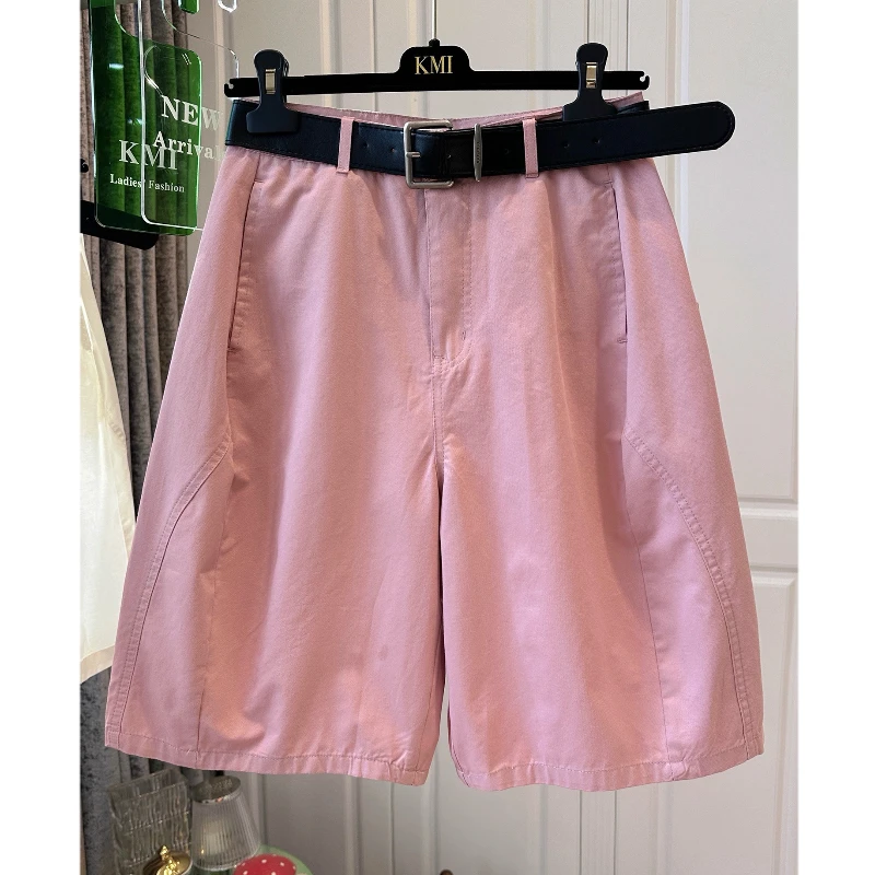 欧洲站粉色高腰五分中裤女休闲裤阔腿时尚休闲遮胯夏爆款2025