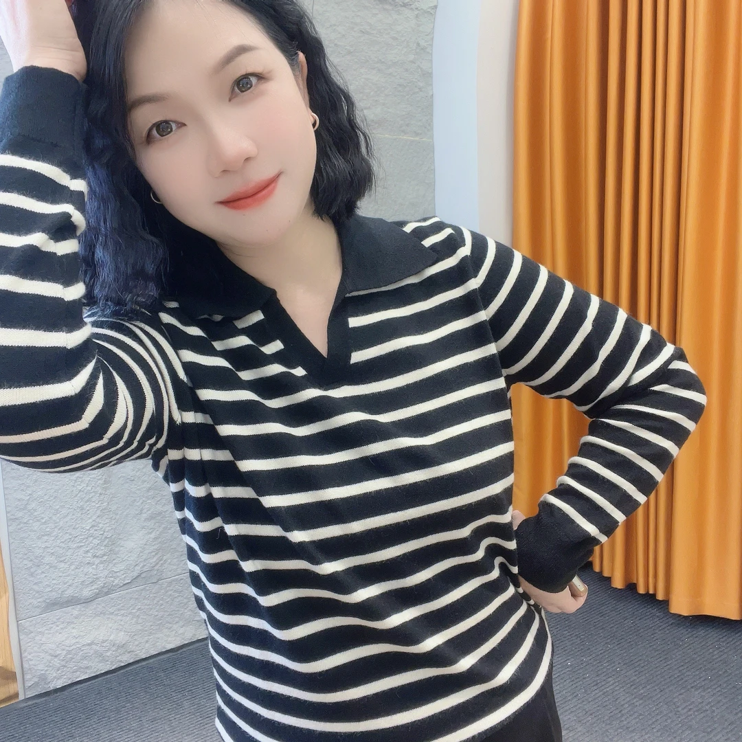 5556秋上新~微胖福音翻领条纹长袖【大米家】气质琥珀流苏款POLO衫