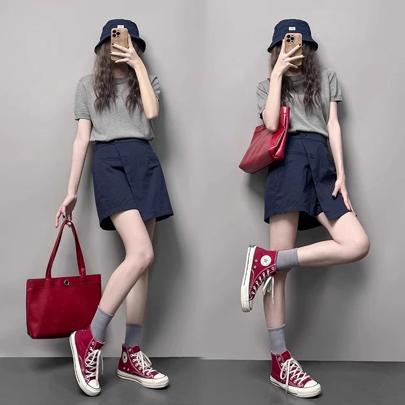 2025年夏季新款宽松显瘦百搭圆领短袖针织衫女上衣裙裤套装两件套