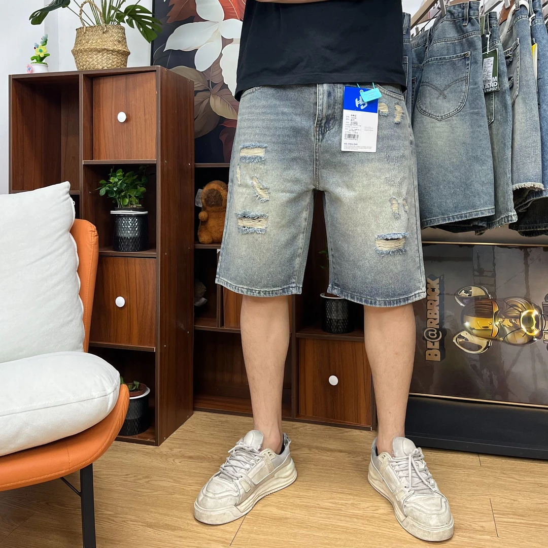 破洞牛仔短裤男宽松大码美式休闲潮牌复古水洗中裤夏季薄款五分裤