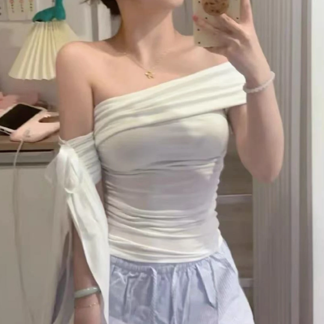 YIDENG纯欲风气质显瘦一字肩不规则斜肩T恤女夏季修身设计感露肩