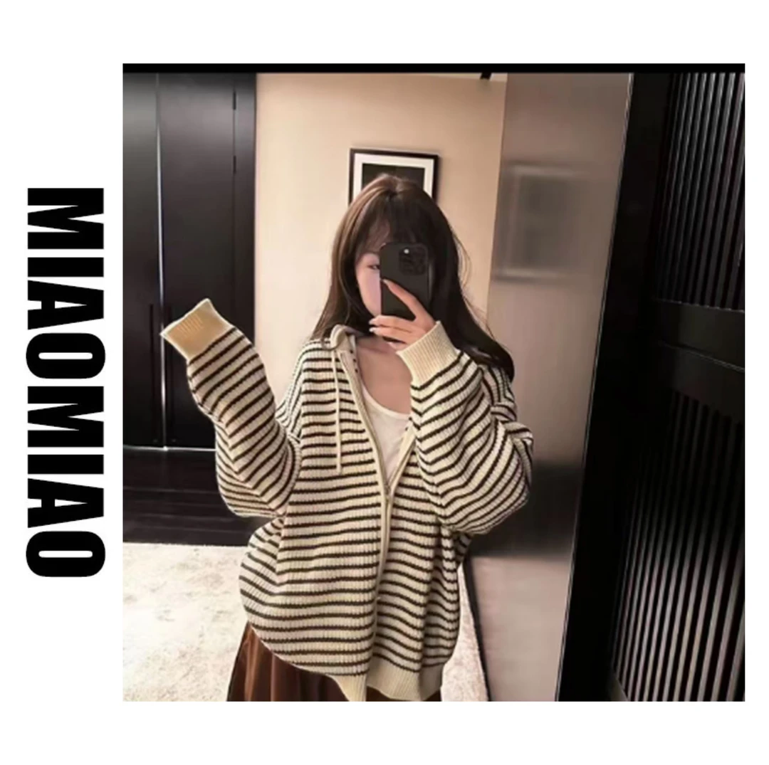 【苗苗】948杏色抽绳连帽条纹针织开衫女秋季韩版宽松衣外套女