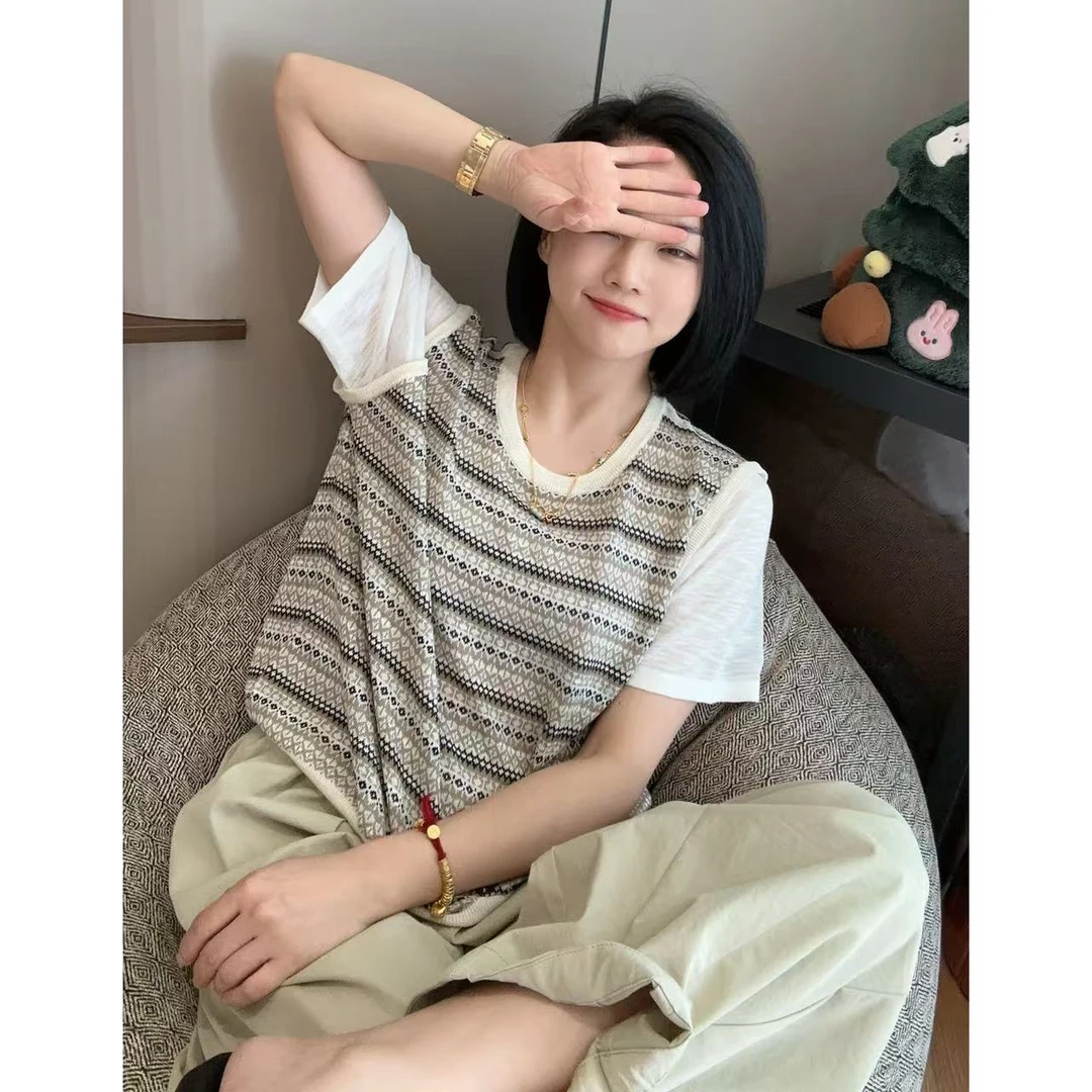 夏季白色拼接袖复古风针织假两件短袖T恤5-5-2