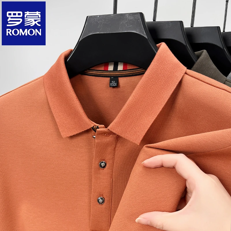 Romon/罗蒙男装长袖T恤翻领春季新款polo衫商务休闲纯色百搭上衣