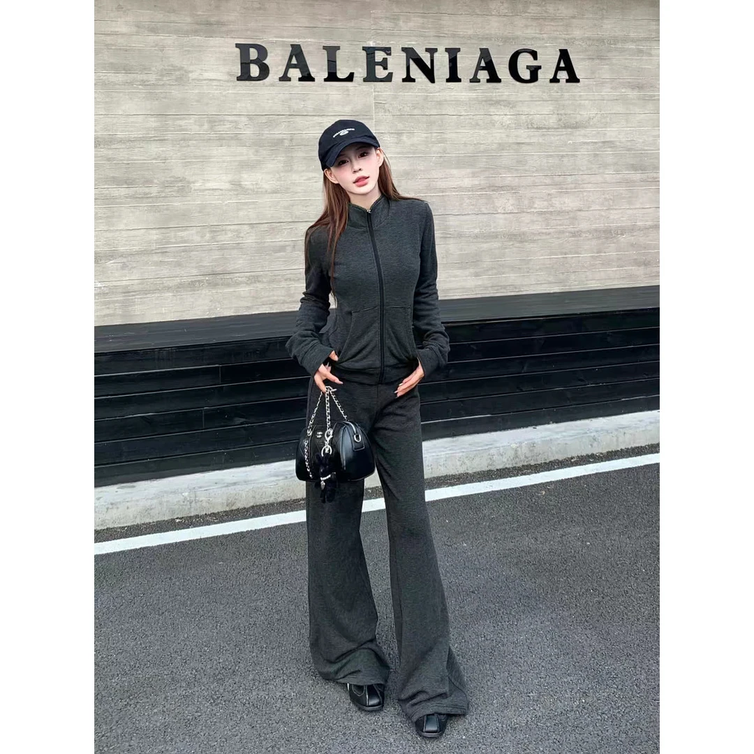 休闲慵懒运动套装女秋季新款韩系条纹立领卫衣一整套女套装