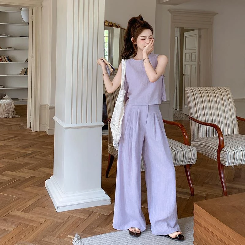 夏日穿搭洋气韩系套装紫色无袖背心上衣宽松休闲阔腿裤两件套女