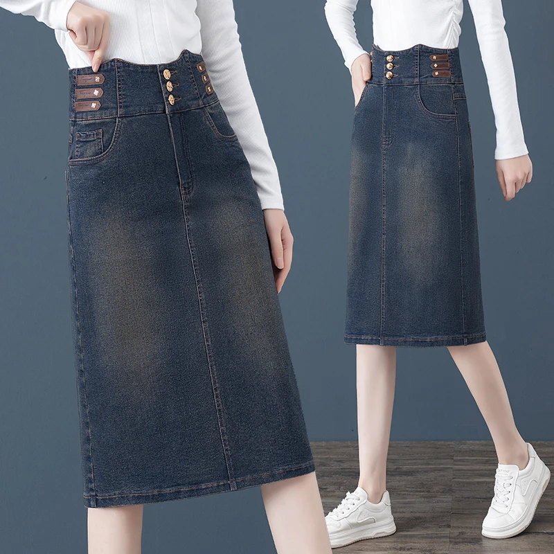 复古三排扣牛仔半身裙女2025春秋新款高腰显瘦Aa字直筒开叉包臀裙