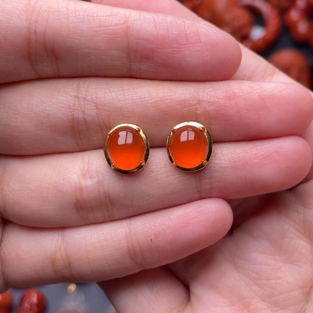 南红玛瑙银S925镶嵌珠宝奇石耳钉