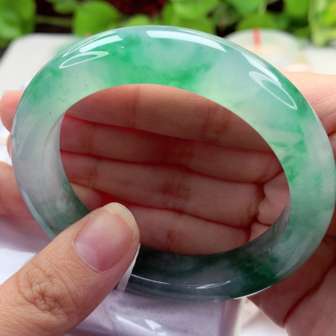 未镶嵌手镯翡翠55.3冰飘阳绿花 贵气 一镯两带 喵喵