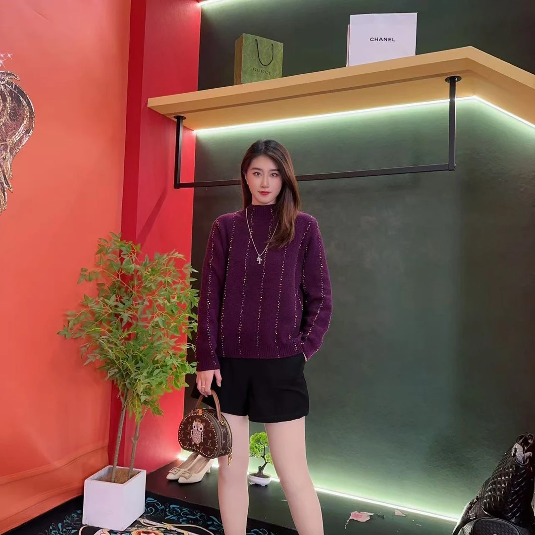 4132新款重工点缀葡萄紫色设计毛衣女 秋冬宽松时尚百搭长袖上衣