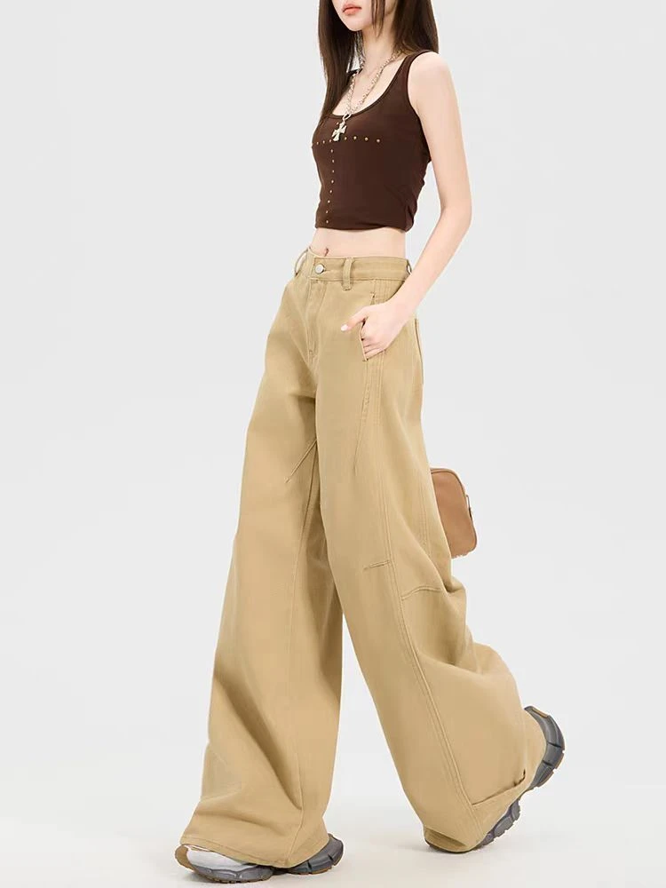 卡其色时尚潮流宽松拖地牛仔裤女