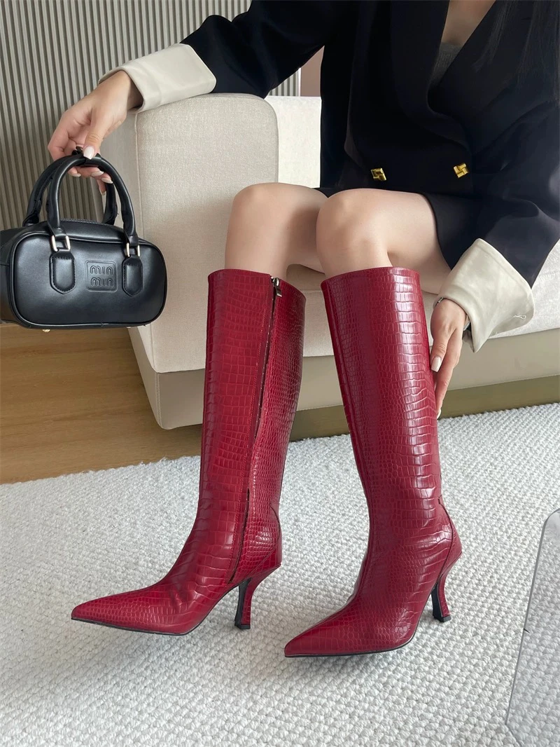 时装靴粗跟女鞋长靴过膝尖头红色秋冬百搭高筒靴骑士