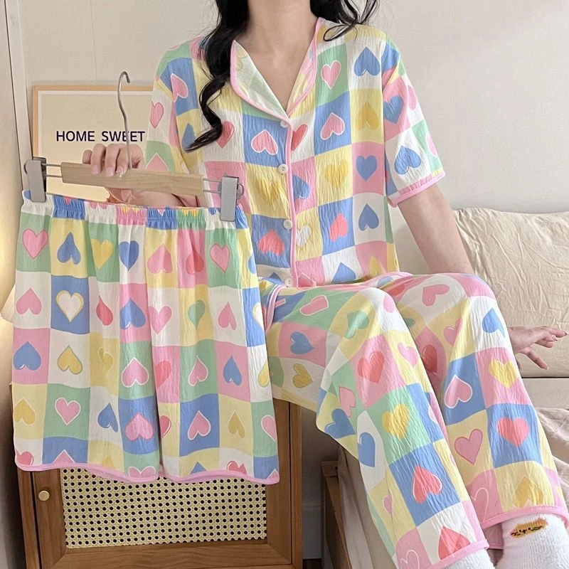 【三件套】云朵棉夏季短袖短裤长裤甜美睡衣家居服套装