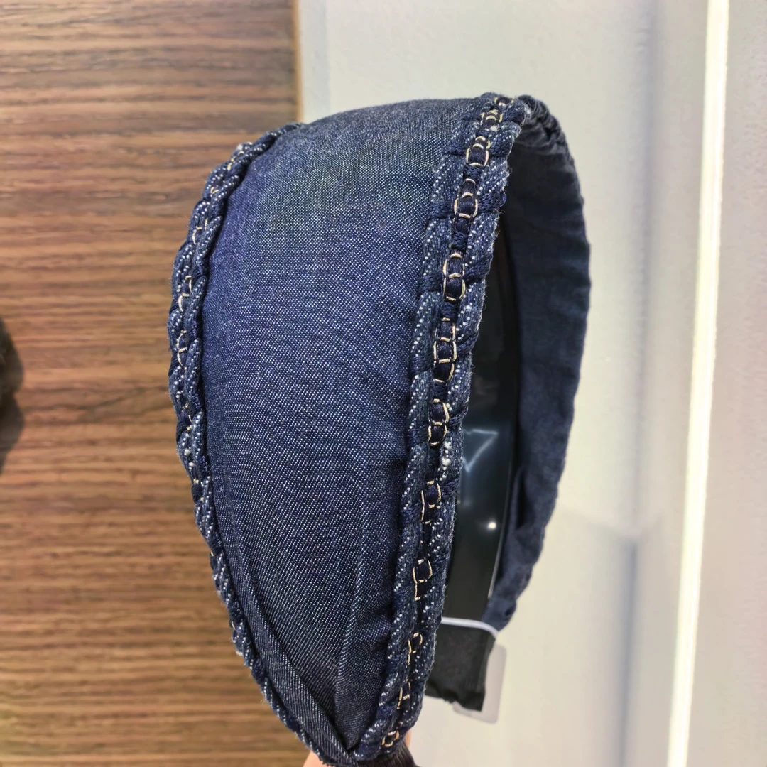 E979蓝色牛仔链条宽面发箍