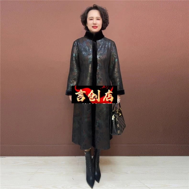 90185长款阔外套一体保暖大衣立领高档太太加绒穿冬季皮毛两面