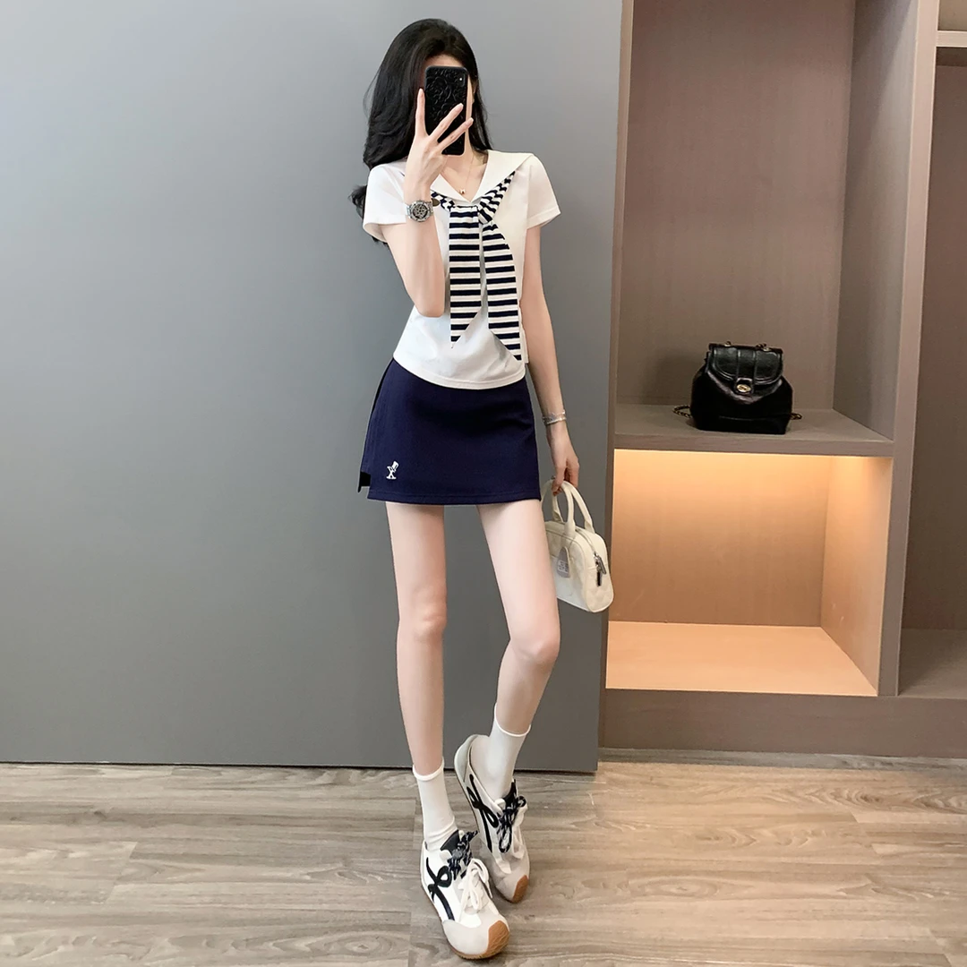 时尚洋气减龄套装裙女夏新款海军领蝴蝶结短袖上衣修身裤裙两件套