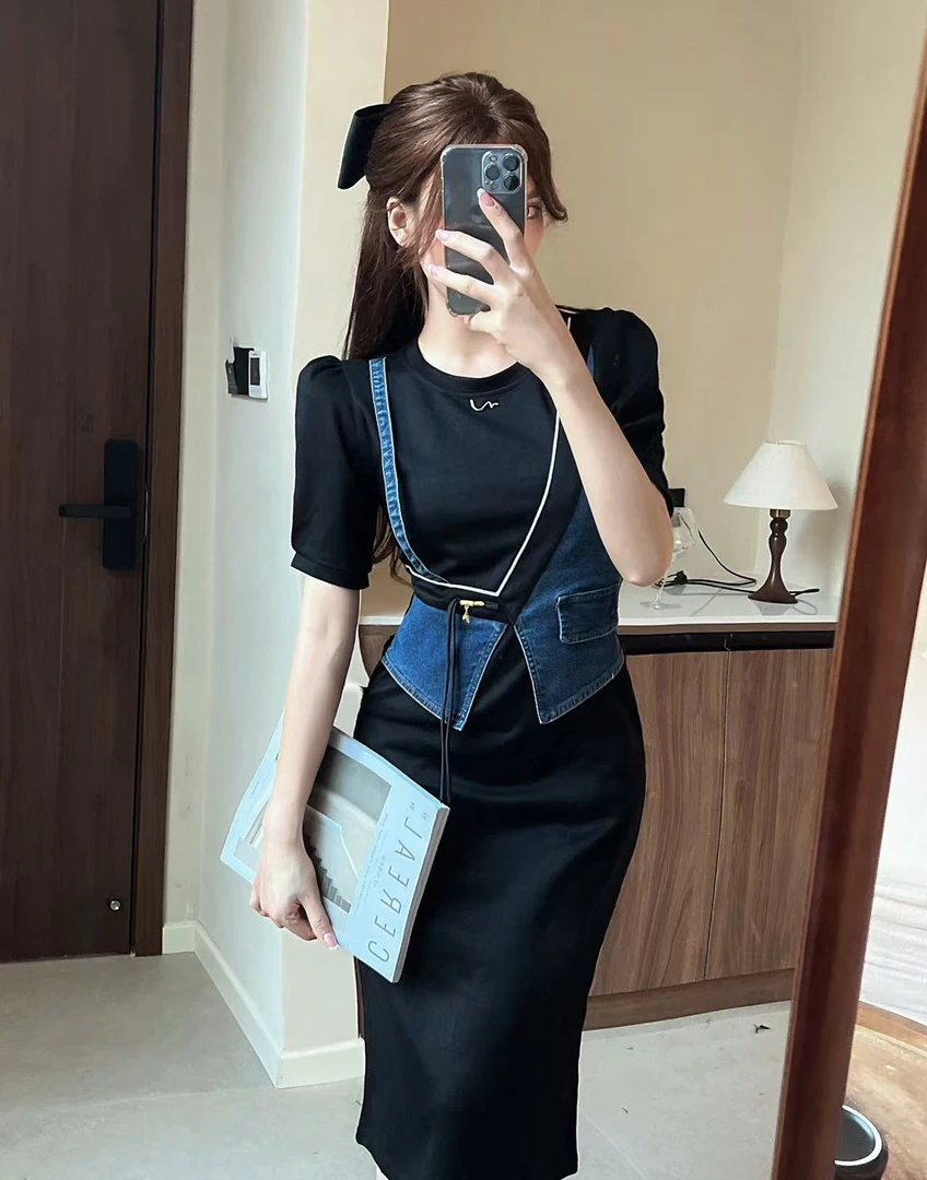 时尚气质2025设计感接拼不规则假两件拼色修身包臀连衣裙