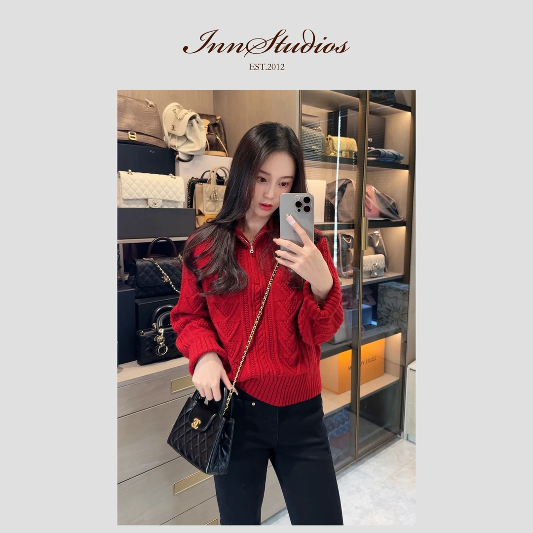 Innstudios 新年红拉链翻领针织上衣毛衣