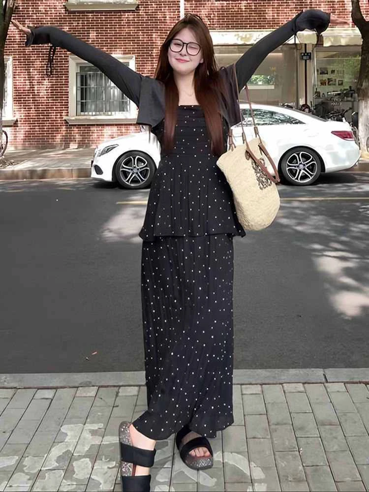 大码胖MM假两件波点吊带连衣裙夏季新款长袖开衫宽松显瘦设计套装