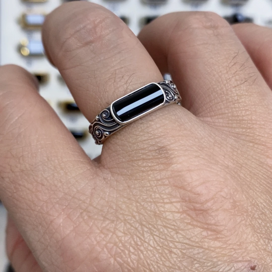 翡翠银S925镶嵌戒指墨翠戒指