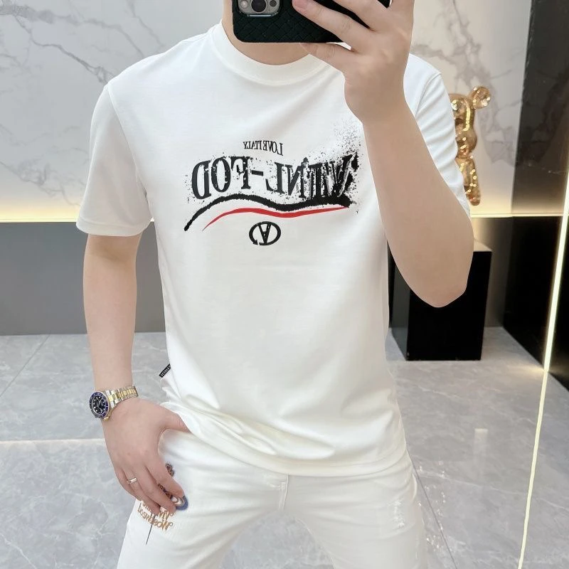 夏季丝光棉印花网红短袖T恤白色男士修身圆领潮流休闲半袖上衣