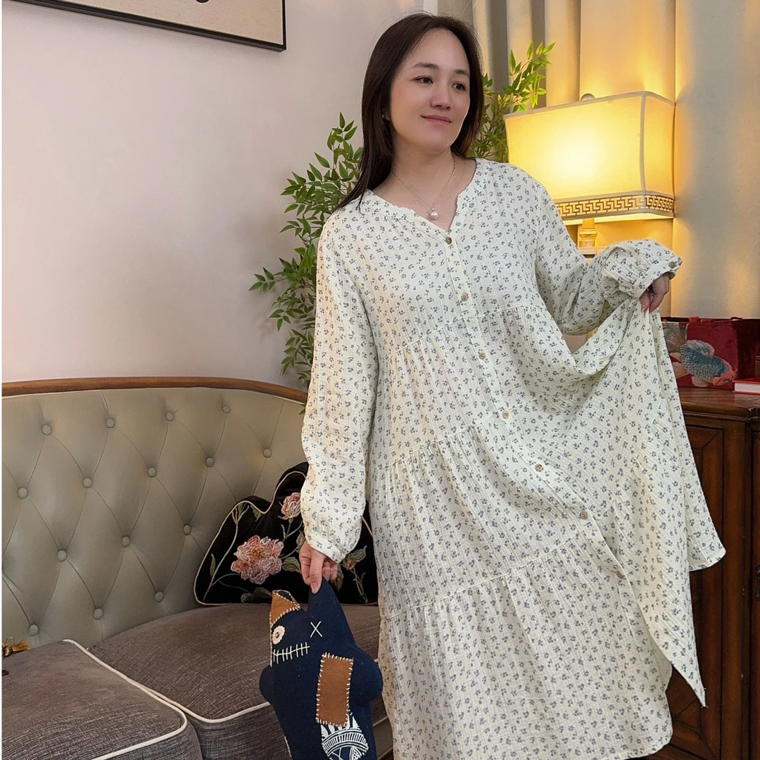 【段姐家居服】全棉双层纱碎花女士甜美亲肤透气睡衣睡裙韩版大码