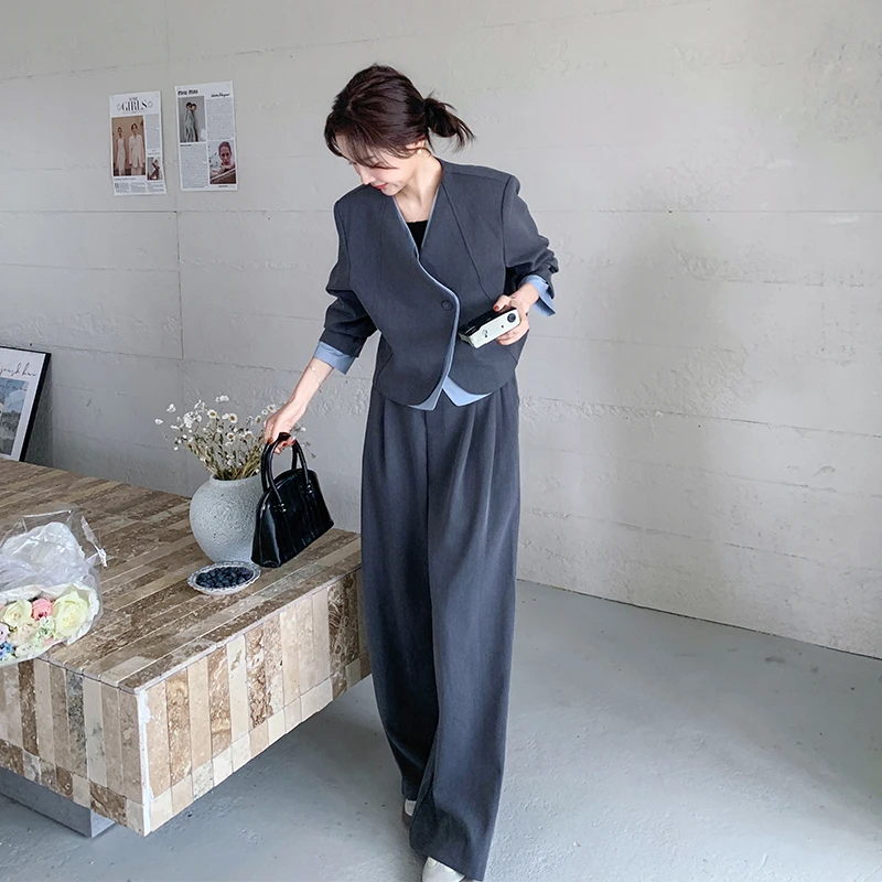 韩版西装拼接假两件V领外套女2025春季新款气质高腰阔腿裤两件套